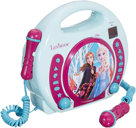Lexibook Disney Frozen Anna and Elsa Karaoke CD Player with 2 Microphones, Programming Function, Headphones Jack, for Kids, with Power Supply or Batteries