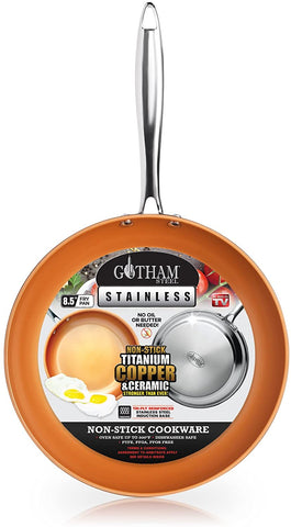 Gotham Steel 8.5" Stainless Steel Premium Frying Pan Triple Ply Reinforced with Super Nonstick Ti-Cerama Copper Coating and Induction Capable Encapsulated Bottom – Dishwasher Safe