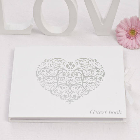 Vintage Romance Heart Guest Book- White & Silver