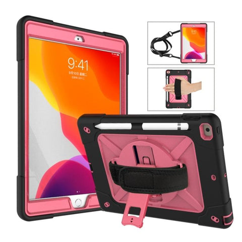 Apple iPad 10.2 Contrast Colour Silicone + PC Combination Case Cover with Holder (Black + Rose Red)