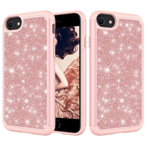 Apple iPhone SE 2020 / 8 / 7 Glitter Powder Contrast Skin Shockproof Silicone + PC Protective Case Cover (Rose Gold)