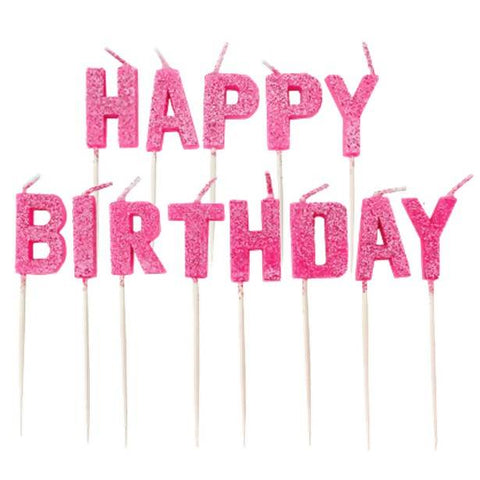 Pink Glitter 'Happy Birthday' Pick Candle
