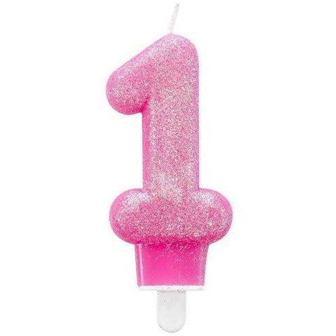 1st Birthday Candle-Pink Glitter