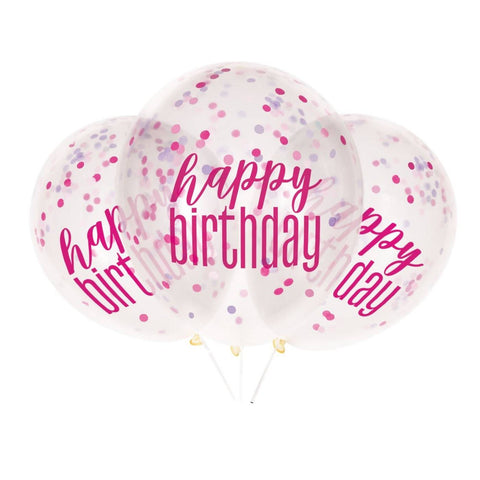 Glitz Happy Birthday Pink, Purple, Silver Confetti Balloons 6pk